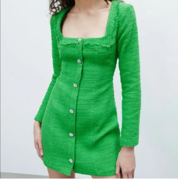 Zara * Tweed Textured Weave Blazer Dress with Jewel Buttons Green - Picture 10 of 14